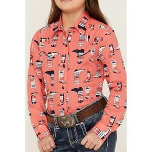 Cruel Girl's 2XL Long Sleeve Cowboy Boot Print Snap Western Shirt Coral